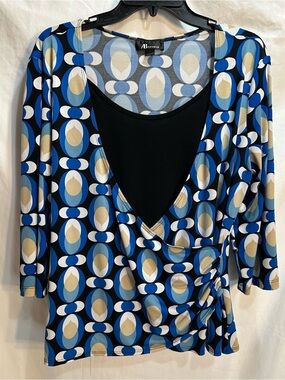 AB Studio Blue, Black & Cream Geometric Wrap Blouse
